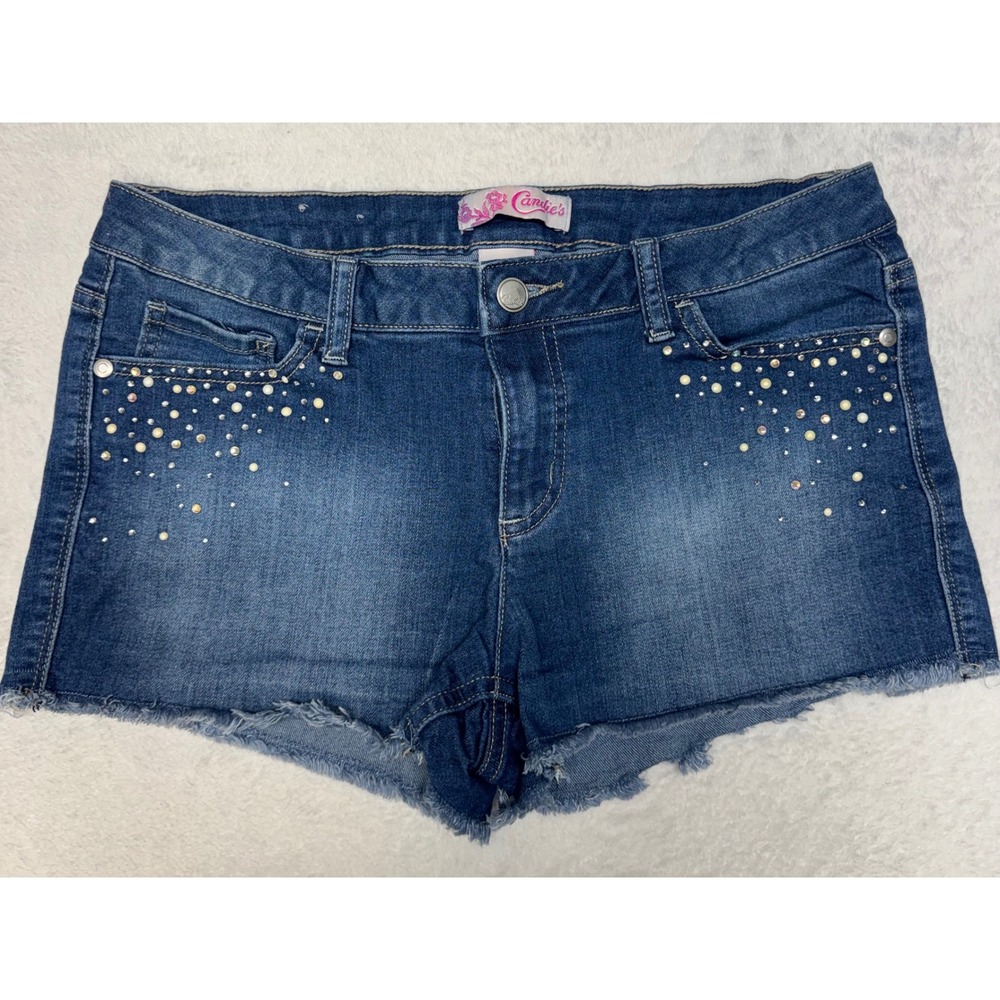 Candies Denim Shorts Womens 7 Blue Medium Wash Rhinestone Studded Frayed Hem 2in